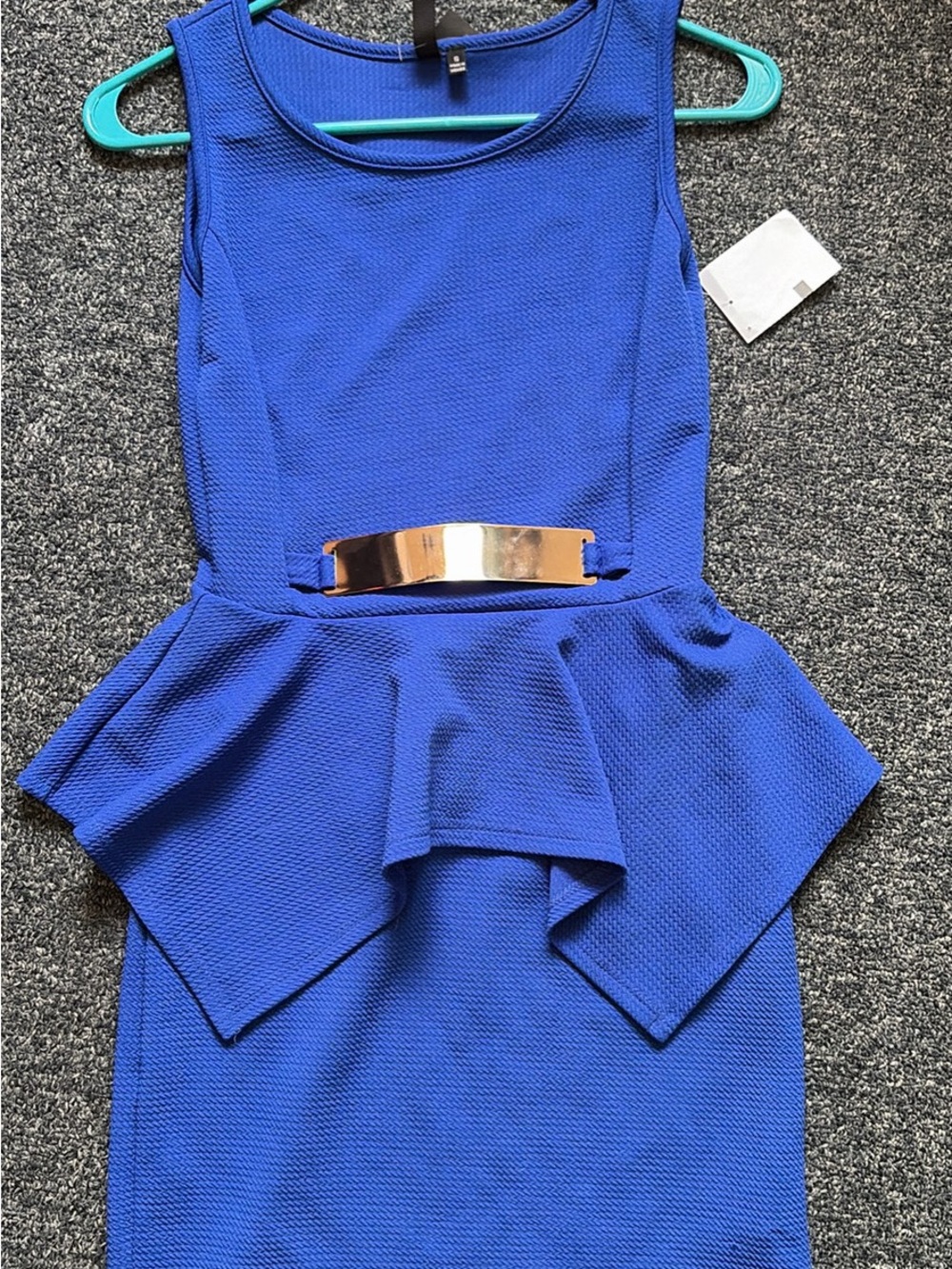 Sleeveless Cobalt Blue Peplum Midi Dress with Metallic Waist Accent
